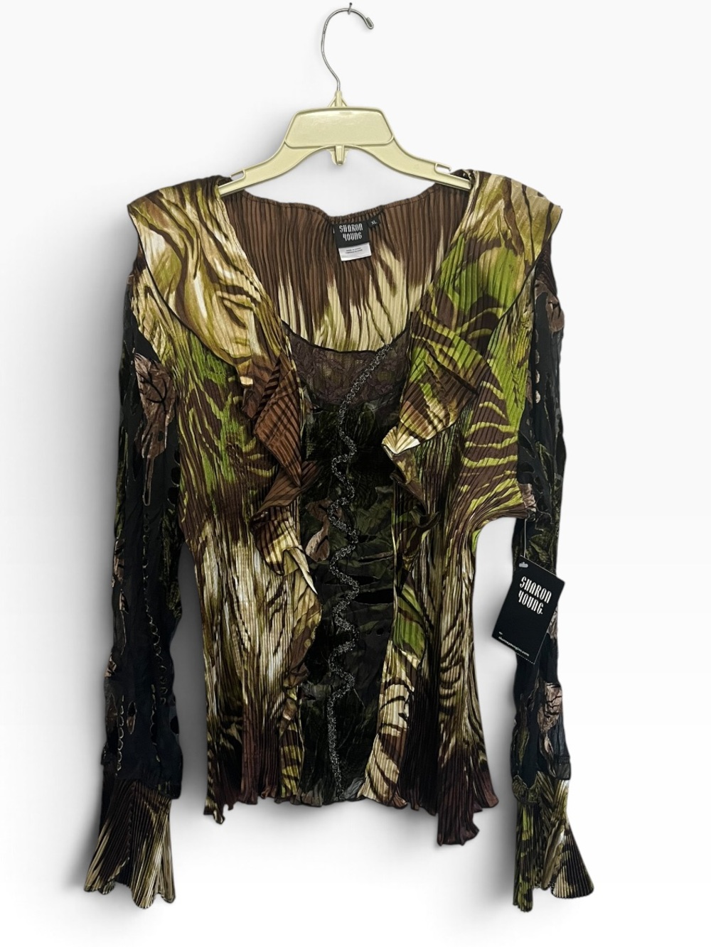 NWT Sharon Young | Abstract Crinkle Long Sleeve Ruffle Collar Top XL